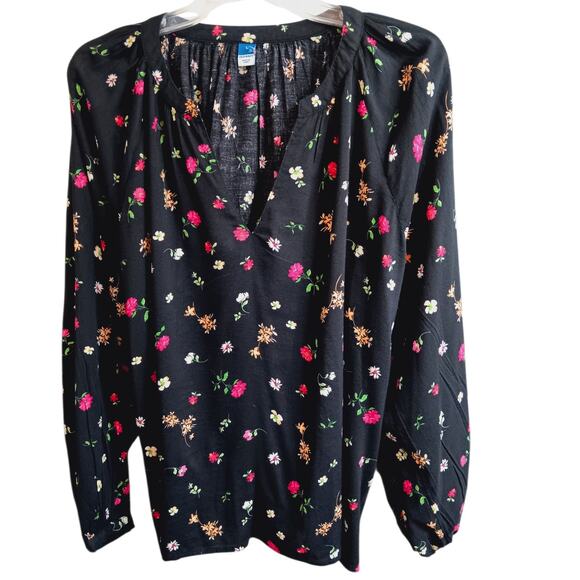 NEW OLD NAVY Black Floral Flowy Top Blouse Large Peasant Bloom Romantic Gathers - Picture 1 of 9